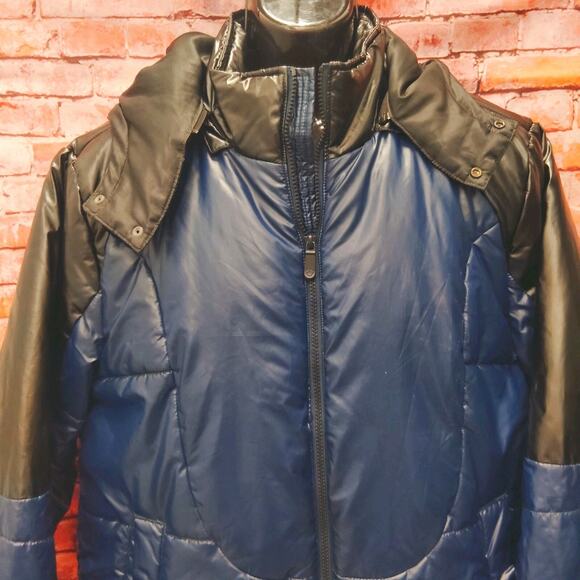 True Religion Puffer Jacket Men's Large Blue Shiny Detachable Hooded Full Zip - Picture 4 of 7